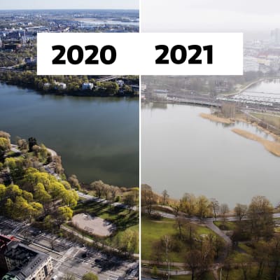 Två bilder vid sidan om varandra, Tölöviken i 2020 och år 2021.