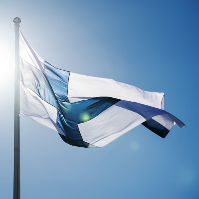Kuvassa liehuu Suomen lippu.