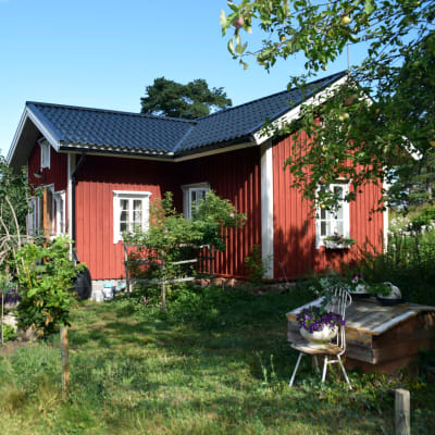 En röd sommarstuga med vita knutar ute på landsbygden. 