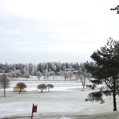 En golfbana i vinterskrud.