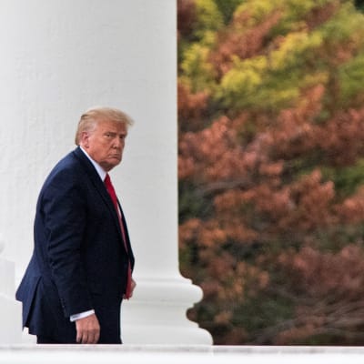 Trump seisoo Valkoisen talon edustalla. Taustalla näkyy pylväs ja puita, joiden lehdet ovat punaiset ja vihreät.
