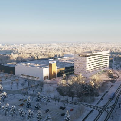 Uuden tehdaskokonaisuuden havainnekuva lumisen maaston keskelllä.