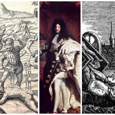 Bildcollage med historiska scener, bland annat Ludvig XIV, och pesten i London.