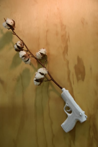 Konstverk bestående av keramisk pistol, ur pipan sticker en bomullsplanta upp.