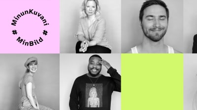ett kollage av svartvita bilder av sex olika personer som ser glada ut, i vänstra högra hörnet syns kampanjlogon Min Bild.