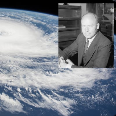 En orkan på Atlanten, sedd från satellit, med en infälld bild av Carl-Gustaf Rossby.