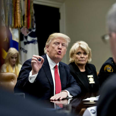 Donald Trump gestikulerar vid ett mötesbord.