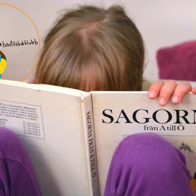 Flicka bakom barnbok Sagorna A till Ö. Bärtils bokklubb logo i hörnet