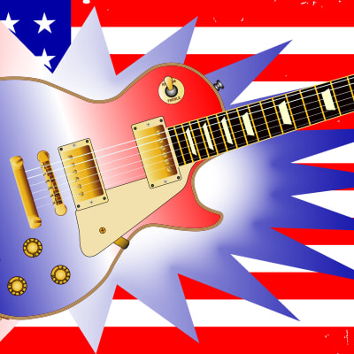 Stiliserad elgitarr ovapå USA:s flagga 