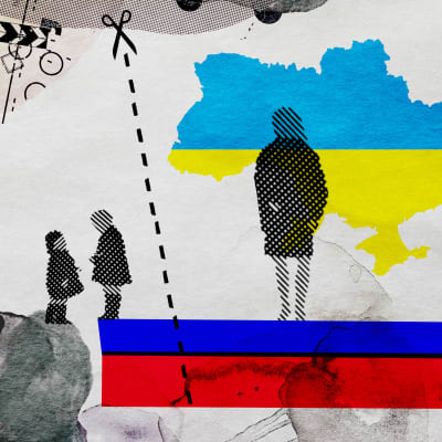 Kuvituskuva, jossa taustalla Ukrainan lipun värinen ukrainan kartta, etualalla äiti ja lapset siluetteina.