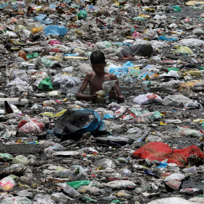 En pojke i New Delhi står med avfall upp till midjan och söker efter saker som kan återanvändas. 