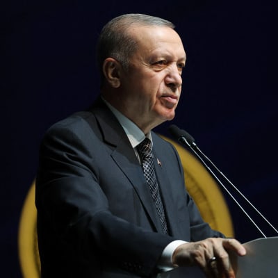 Erdogan står vid ett talarpodium.