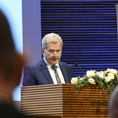 President Sauli Niinistö talar inför ambassadörer. 