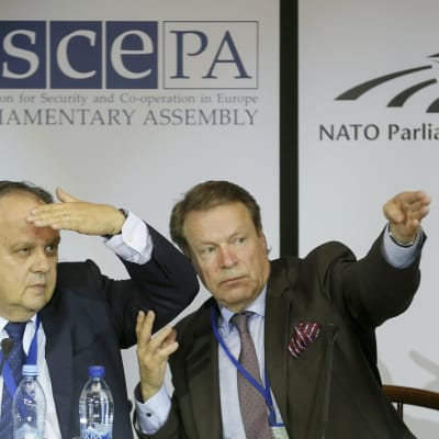 Joao Soares och Ilkka Kanerva från OSSE under en presskonferens i Kiev den 26 maj 2014