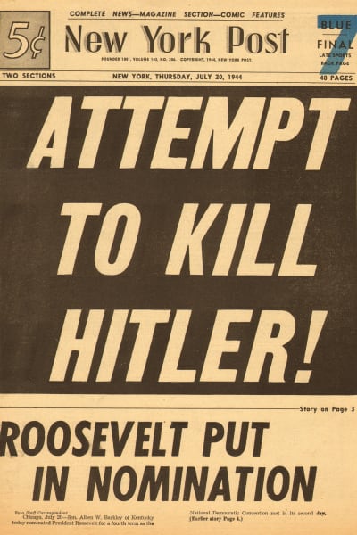 new York Post förstasida den 20 juli 1944 med skrikande rubrik om mordförsöket på Hitler.