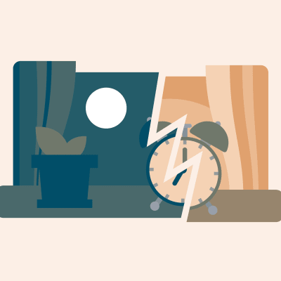En väckarklocka som visar sju, med vänstra halvan av bilden med månsken och natt och högra med solsken. 