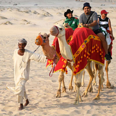 Turistit ratsastavat kamelilla hiekkarannalla.
