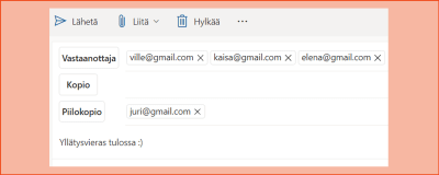 Kuvakaappaus Outlook-sähköpostista: uuden viestin kohdalla yksi vastaanottaja Piilokopio-kentässä.