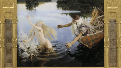 Väinämöinen sträcker ut händerna efter Aino som flyr naken i Akseli Gallen-Kallelas målning.