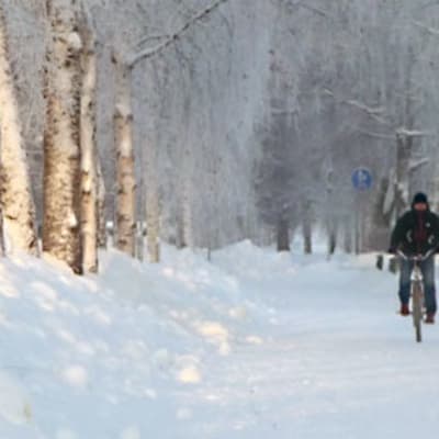 Pyöräilijä talvisella kadulla