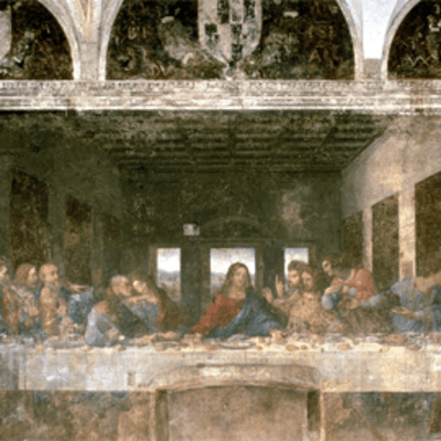 Maalauksessa Jeesus ja opetuslapset nauttivat viimeistä ehtoollista pitkän pöydän ääressä.