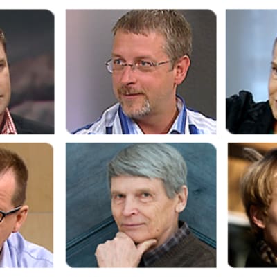 Finlandia-ehdokkaat 2009: Tommi Melender (ylh.vas.), Marko Kilpi, Merete Mazzarella,Kari Hotakainen (alh.vas.), Antti Hyry, Turkka Hautala.
