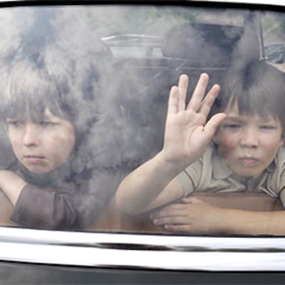 Kaksi pikkupoikaa painaa kätensä auton takaikkunaan. 