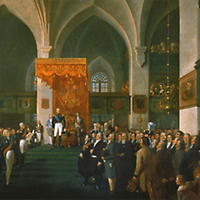 Keisari Aleksanteri I avaa Porvoon valtiopäivät 1809. Emanuel Thelningin maalaus.