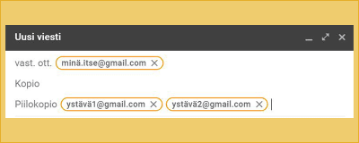 Kuvakaappaus gmail-sähköpostiohjelmasta: Vastaanottajaksi on merkitty lähettäjä itse ja Piilokopion saajaksi kaksi ystävää.