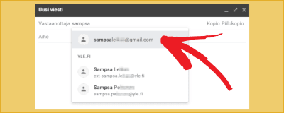 Kuvakaappaus Gmailista: automatiikka ehdottaa nimiä vastaanottaja-kenttään.