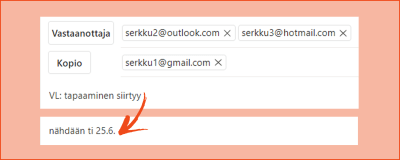 Kuvakaappaus Outlook-sähköpostista: Edelleen lähettäessä on vaihdettu meilin aihetta kuvaavammaksi.