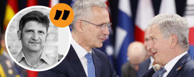 Gustaf Antell i en cirkel, i bakgrunden Jens Stoltenberg och Sauli Niinistö. 