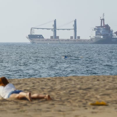 En person ligger på en strand, i bakgrunden syns ett stort fartyg ute på vattnet.