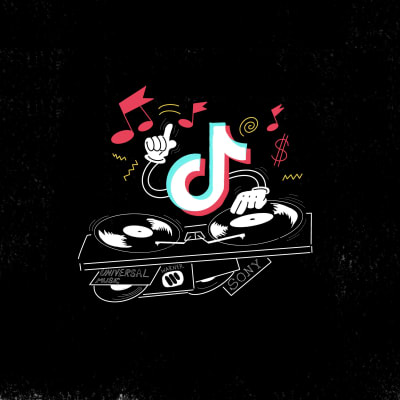  En lite rolig ritad illustration av Dj TikTok (det vill säga TikTok-logotypen bakom en DJs däck) spelar musik av Universal, Sony och Warner i sin egen takt.