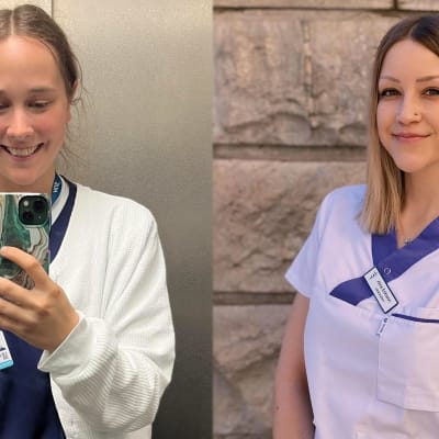Två unga kvinnliga läkarstudenter i vita personalkläder.