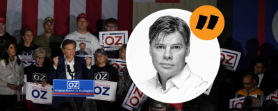 Ville Hupa i vinjett ovanpå en bild av Mehmet Oz som håller kampanjmöte.