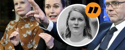 Riikka Purra, Sanna Marin och Petteri Orpo i närbild, på bilden en grå profilbild på journalist Marianne Sundholm.
