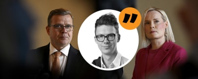 Bildmontage. Bild på Samlingspartiets Petteri Orpo, Sannfinländarnas Riikka Purra samt en svartvit bild på redaktör Magnus Swanljung och ett citattecken.