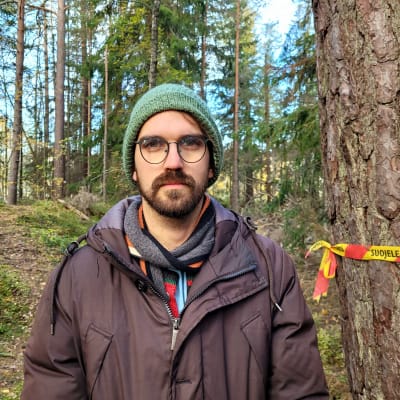 En man står i en skog, till höger finns en tjock tallstam markerad med ett gulrött band.