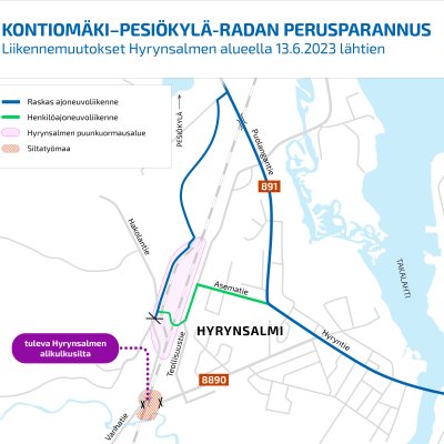 Kartalle on kuvattu liikennemuutokset Hyrynsalmella.