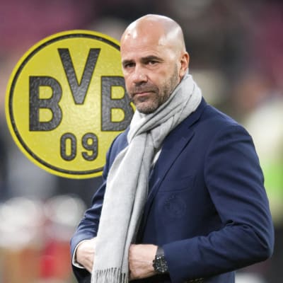 Peter Bosz framför Dortmunds logo.