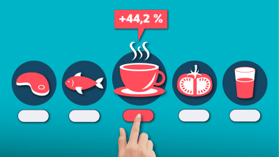 Kuvitus, jossa käsi valitsee kahvin inflaatiokoneesta. Kahvin hinta nousi huhtikuussa 44,2 prosenttia edellisestä vuodesta.