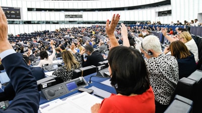 EU-parlamentariker sträcker upp sina händer under en omröstning i Strasbourg