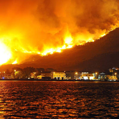 En skogsbrand härjar nära orten Podstrana i Kroatien.