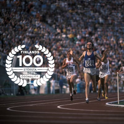 Lasse Virén, 5000 meter OS 1972, med logon för Finlands 100 största idrottsögonblick.