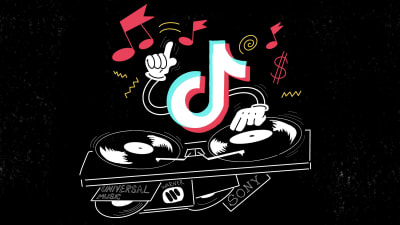 En lite rolig ritad illustration av Dj TikTok (det vill säga TikTok-logotypen bakom en DJs däck) spelar musik av Universal, Sony och Warner i sin egen takt.