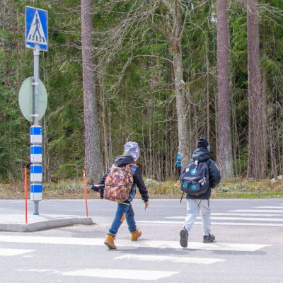 Två små barn går över ett övergångsställe.
