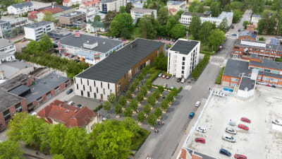 Flygfoto över Karis centrum där det planerade Fokus kulturhus syns.