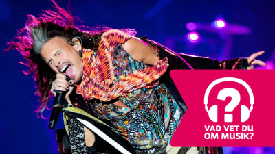 Steven Tyler blundar och sjunger i en mikrofon som han håller i handen.
