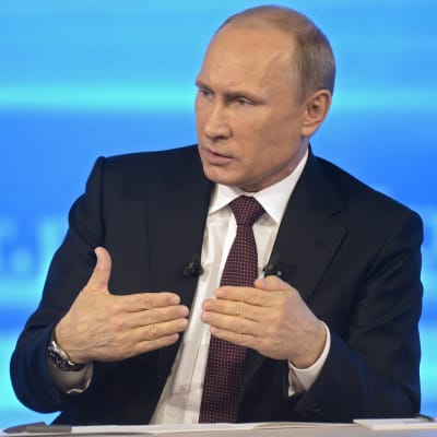 Rysslands president Vladimir Putin talar under sin årliga call-in direktsändning i Moskva, Ryssland.